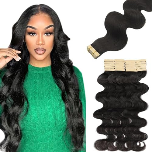 Lashey Tape in Extensions Echthaar 35cm(14zoll) 20pcs 50g Gewellt Echthaar Tape Extensions Natürlich Schwarz Haarverlängerungen Echthaar für Frauen Invisible and Skin Weft Tape ins