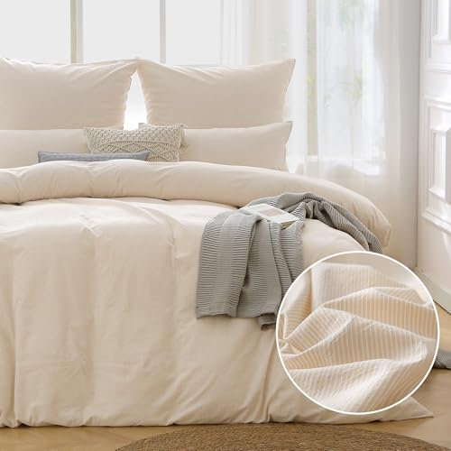ATsense Bettwäsche 155x220 2teilig - 100% Baumwolle Gestreift Beige, Öko-Tex Zertifiziert Hypoallergen Atmungsaktiv, 1 Bettbezug 155x220 und 1 Kissenbezüge 80x80