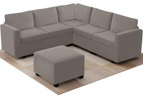 Samt, L-förmiger Sofabezug, Stretch-Eckcouch-Schonbezug mit waschbaren Kissenbezügen, U-Schnittsofaschutz, grau, 140 - 185 cm