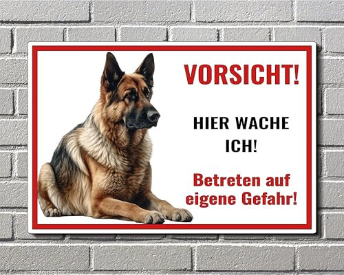 Schild Deutsche Schäferhund Vorsicht Hier wache ich - Betreten auf eigene Gefahr! - Achtung - Hundeschild Warnschild- - Warnung vor dem Hund - M4 (Aluverbund Weiß, 22,5x15 cm)