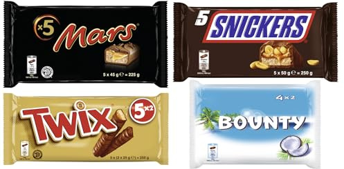 Schokoriegel Multipack-Mix 4 Packungen, 24 Riegel (953g) I Mars 5x45g I Snickers 5x50g I Twix 5x50g I Bounty 4x57g I Milchschokolade I Erdnüsse I Karamell I Kokos I Keks