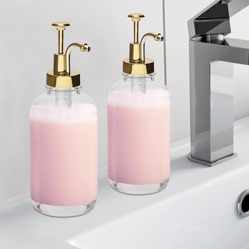 FUROMG Kaffeesirupspender Glas Pumpe, Coffee Bar, Kaffee Pump Dispenser, Etiketten Pumpflaschen, 500ml Kaffee Sirup Flaschen, Trichter Spenderflaschen, 2er Set, Glas, Gold