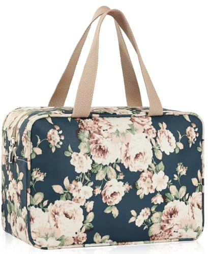 Aucuu Trousse de Toilette Femme, Grande Trousse de Maquillage avec Poignée, Sac à Cosmétiques étanche Portable pour Camping et Voyages, Sac de Maquillage Floral pour Femmes et Filles