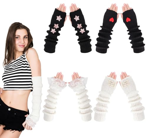 Jspupifip Arm Warmers Y2K, 4 Pairs Lolita Cute Fingerless Gloves with Thumb Hole Knit Mitten Gloves Arm Sleeves for Girls
