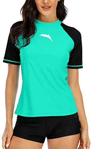 Halcurt Damen Rashguard UV Shirt, Athletic Swim Shirt,Kurzarm Badeshirt Badenmode Tankini Lake Green M