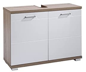 byLIVING Waschbeckenunterschrank Nebraska/Sonoma Eiche-Optik hell-braun / 2 Türen Hochglanz weiß lackiert/Bad Waschtisch Unterschrank stehend/WABU 2-türig/B 80, H 59, T 31,5 cm