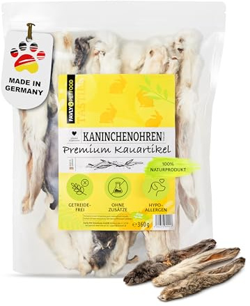 FAVLY Kaninchenohren mit Fell 3x120g für Hunde, luftgetrocknet | Naturkausnack mit Fell für Darmhygiene, ohne Zusätze, unterstützt die Zahnreinigung, in Deutschland hergestellt