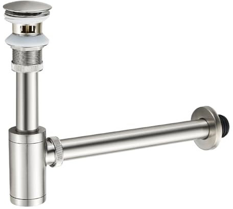 MENATT Bathroom Sink P-Trap Complete Set, Solid Brass 1-1/4 Bottle Trap Sink Drain Kit with Overflow Pop Up Drain Stopper, Brushed Nickel