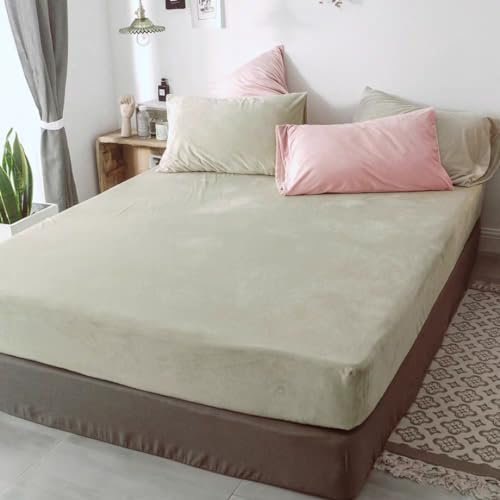 Michorinee Warme Fleece Spannbettlaken 200x200cm Cashmere Touch Kuschelig Flauschig Plüsch Flanell Bettlaken Spannbetttuch für Boxspringbett Topper Matratze bis 30 cm Hohe Beige