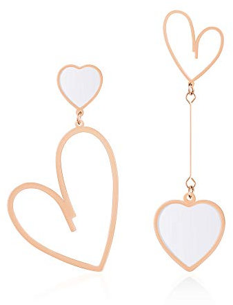 Linawe Rose Gold Heart Earrings - Titanium Stainless Steel Drop Dangle, Hypoallergenic Unique Big Asymmetrical Mismatched Love Earrings
