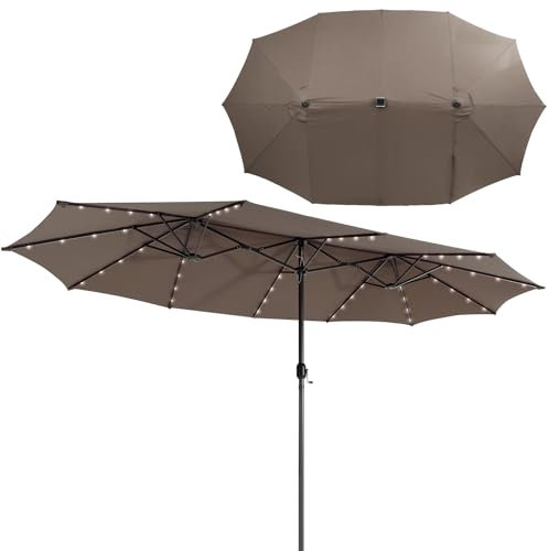 KOMFOTTEU Sombrilla Doble 470x280x246,5cm con LED, Parasol de Jardín Rectangular con Manivela, Sombrilla de Balcón Grande con Panel Solar de Carga Automática y UPF 50+ para Piscina, Patio (Café)