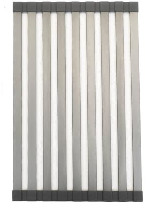 BAOYOUNI Escurreplatos plegable enrollable, tapete escurridor de platos resistente al calor de aluminio envuelto en silicona para encimera de cocina, sobre el fregadero, gris, XL (33 x 55 cm)