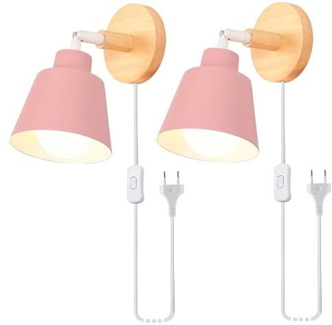 iDEGU 2 Pack Appliques Murales Rétro Vintage E27 Luminaire Industriel en Bois et Métal Réglable Lampe Murale Interieur avec Prise et Interrupteur Applique Moderne pour Chambre Salon Café (Rose)