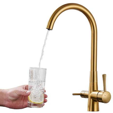 Dennienova Grifo de agua potable para cocina con función de filtro de agua, giratorio 360°, Osmosis inversa, color dorado