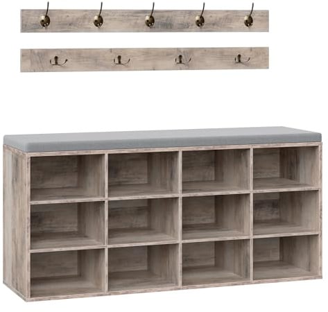HOOBRO Garderobe Schuhregal Set, Schuhbank mit 12 Fächern, Schuhregal mit gepolsterter Sitzbank, Wandgarderobe mit 9 Haken, Schuhschrank für, Eingangsbereich, Schlafzimmer Greige EGY112HX01