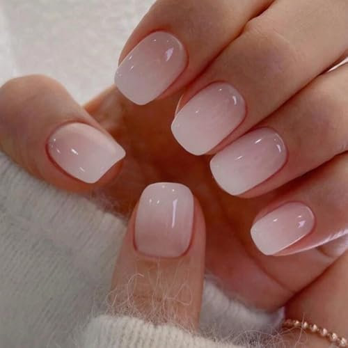 24PCS Press on Nails Short, French False Nails Square Pink Gradient Acrylic Fake Nails, Natural Nude Glue on Nail with Jelly Glue, Removable Full Cover Stick on Nail for Women Daily Wear 12 Sizes