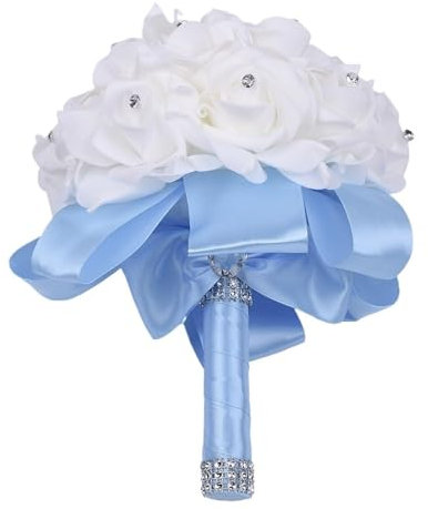 Bouquet da sposa, 18 cm, bouquet da sposa in schiuma con strass e nastri di raso, accessori per damigella d'onore e decorazione per cerimonie (celeste)