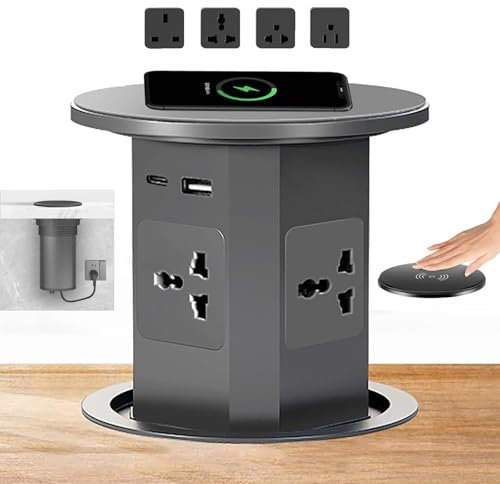 Pop Up Socket with 15W Wireless Charger, Pop Up Sockets with USB Type-C Port and 4 Power Sockets, Automatic Hidden Sockets Power Port, for Office Desk Countertops(Grey)