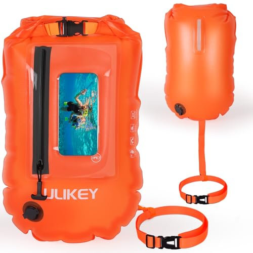 Ulikey Boa Gonfiabile per Nuoto, 2 in 1 Boa da Nuoto e 28L Borse Impermeabile con Tracolla Regolabile per Spiaggia Sport d'Acqua, Surf, Snorkeling (Arancione con custodia per cellulare)
