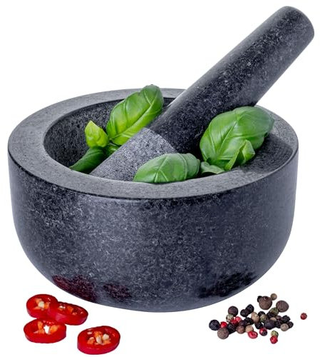 Homiu Premium Solide et Durable Granité Naturel Pilon et Mortier Spice Herb Crusher Grinder Pâte à moudre - Grand diamètre 15.5cm