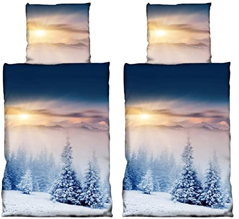 Leonado Vicenti 4 TLG. Thermofleece Bettwäsche 135x200 cm Winterlandschaft Schnee Tannen Winter Flausch warm Sparset mit Reißverschluss