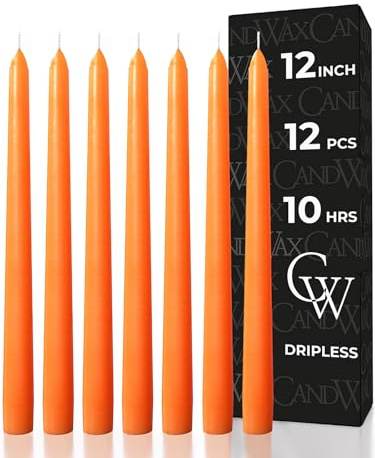CANDWAX 12 inch Taper Candles Set of 12 - Dripless and Smokeless Candle Unscented - Long Burning Hand-Dipped Tapered Candles Perfect for Home Interior - Orange Candles