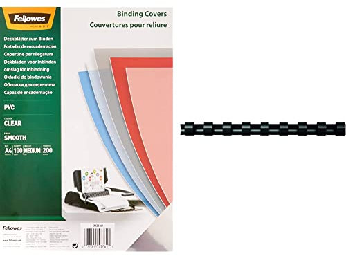 Fellowes 5376102 Klarsicht Deckblatt aus PVC, A4 Format, 200 mic Stärke, transparent, Pack mit 100 Stück & 5345707 Binderücken für Plastikbindung, 8 mm Durchmesser, 21 Ringe, schwarz, 100 Stück