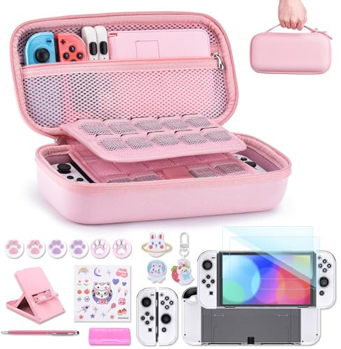Switch Tasche für NS Switch OLED - innoAura 18 in 1 Switch Zubehör mit Switch Hülle, Switch Spiele Aufbewahrung, Switch Schutzfolie für Switch OLED, Switch Ständer, Switch Joystick Kappen (Rosa)