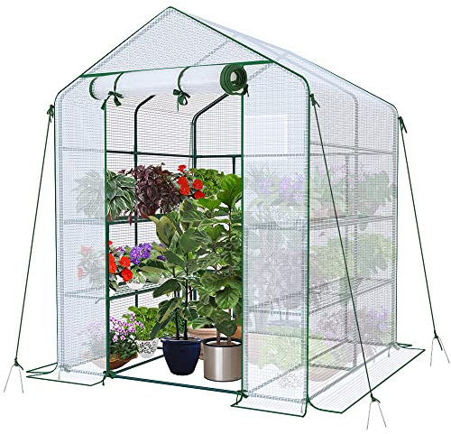 VOUNOT® Serre de Jardin PE avec Étagères 3 Niveaux Serre de Jardin pour Légumes Plantes Fleurs Bâche Renforcée 135g/m2 Protéger Vos Plantes en Toutes Saisons 143x143x195cm