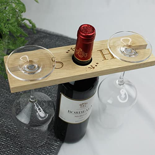 eBuyGB Personalised Wine Glass & Bottle Butler Holder, Wooden Wine Butler with Initials - New Home, Housewarming, Anniversary, Wedding Gift