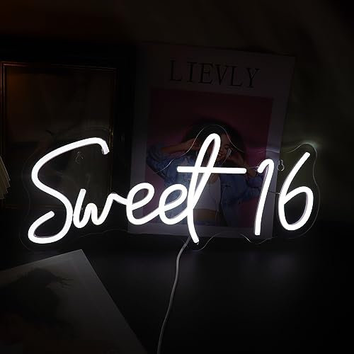 QiaoFei Led Sweet 16 Neon Sign Letters USB Powered with Dimmer Switch Neon Lights for Girls Room Home Art Wall Decor 16th Birthday Party Window Living Room Decor Birthday Gift for Girls (Cold White)