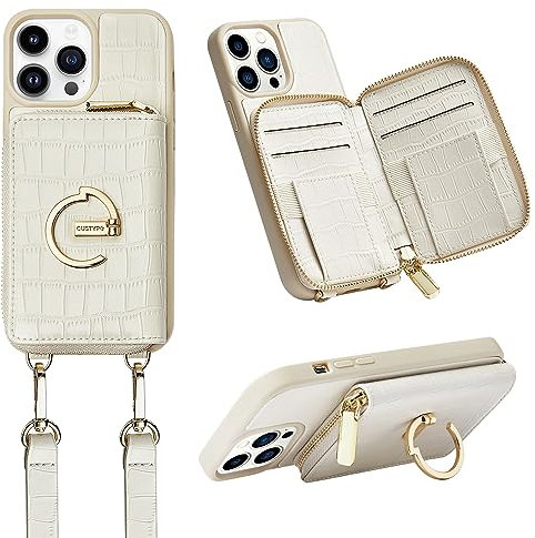 CUSTYPE Für iPhone 14 Pro Max Hülle, Handyhülle für iPhone 14 Pro Max Hülle mit Band Hülle aus Mikrofaserleder mit Geldbörse und Ständer, Handykette Hülle Für Apple iPhone 14 Pro Max Beige 6,7”