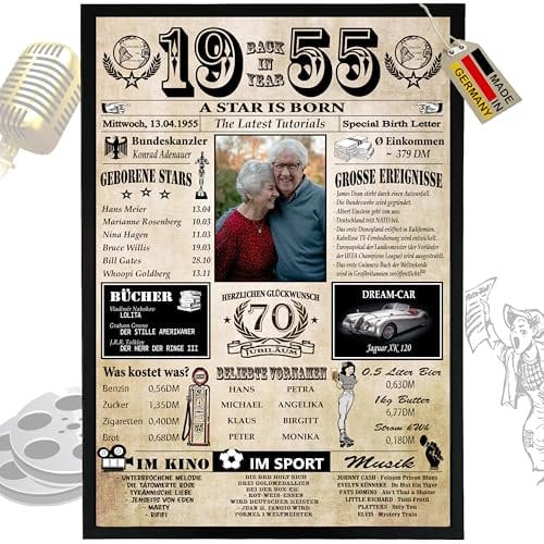 1955-6 Felder PERSONALISIERBAR! 1955 Jahreschronik zum 70. Geburtstag Frau und 70 Geburtstag Mann - Ausdruck auf 400g/m² Premium Papier - 70. Geburtstag Männer & Frauen - 70 Geburtstag Deko