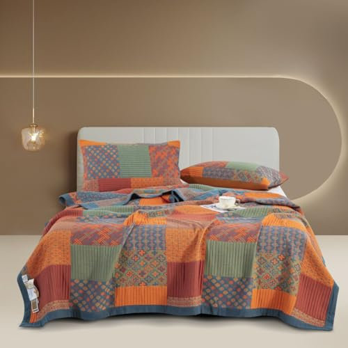 Purefair 100 % Baumwoll-Musselin-Decke, Jacquard, rustikales Orange, Bohemian-Plaid, Patchwork-Blumenmuster, weicher Bettbezug, 3 Schichten, leicht, wendbar, Tagesdecke, Überwurf, Doppelbett (150 x