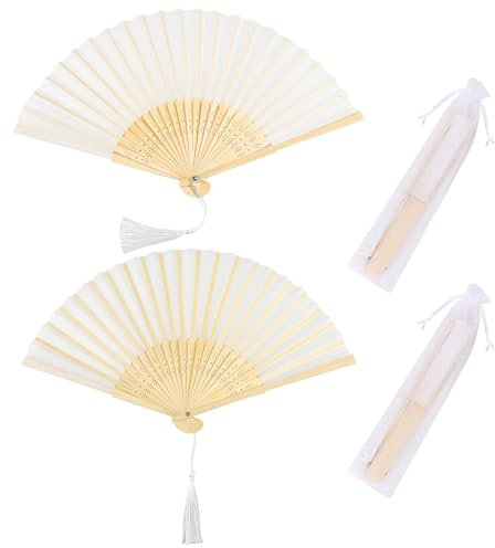 Hand Fan Folding 2pcs Handheld Folding Fabric Fans for Women Men, White Manual Fan Bamboo Silk Fabric Fans, Hand Held Chinese Fan with Tassel, for Wedding Party and Home Decoration