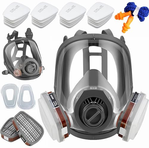 goambuy Masque respiratoire complet avec filtre + 20 tampons en coton filtrables + bouchons d'oreilles - Masque anti-poussière - Masque de peinture pour pulvérisation de peinture - Masque à gaz pour