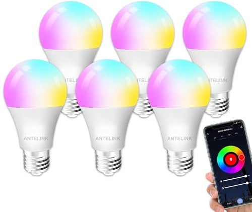 ANTELINK Lampadina Wifi Smart LED Dimmerabile RGB 9W 806lm Compatibile con Alexa Google Home, Bianco Freddo Caldo 2700K~6500K Tuya APP, 6 Pz.