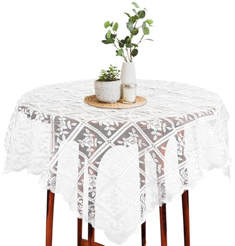 AOZUO Quadratische Spitzentischdecke, 90 x 90 cm französische dekorative Spitzentischdecke mit Blumenmuster, kleine Tischdecke, Tischdecke für Esszimmer, Küche und Camping, weiß(B)