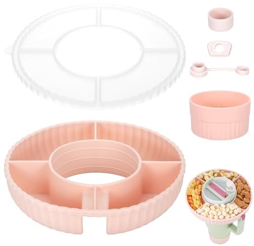 Hejo Silicone Snack Tray Compatible for Stanley Cup 40oz, 4 Compartments Snack Tray with Lid, Bottom Grip & Straw Cover Caps, Accessories Kit for Stanley Cup, for Car Home Party(Pink)