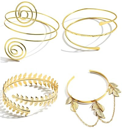 Swirl Arm Armreif Set, 4 Stück Armreif Oberarm, Verstellbares Oberarm Gold Armreifs Armband für Damen, Glatt Offen Filigraner Goldene Oberarmreifen, Minimalistischen Boho Punk Griechische Armband