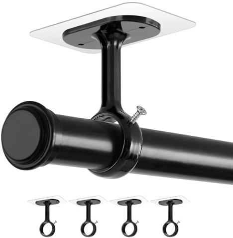 BYSHEGET 4 Supports de Tringle à Rideaux sans Perçage Plafond et Mur | à coller et à visser, compatible avec tringles Ø20–32 mm, pour salle de bain, fenêtre, armoire et cuisine(Noir)