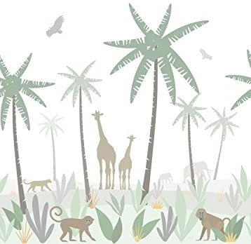 papier peint panoramique animaux de la jungle vert, gris et marron 200 x 279 cm - ESTAhome