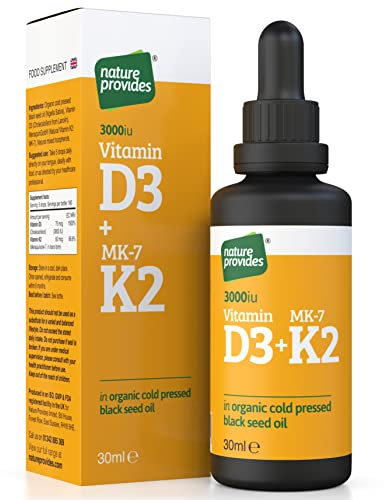 Vitamin D3 & K2 (MK-7) in Organic Black Seed Oil/Nigella Sativa (30ml) - High Strength Liquid (3000IU), 100% Trans MK-7, Immune, Bone Support, Heart Health, Sublingual, Made in UK by Nature Provides