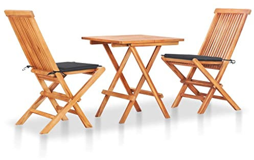 vidaXL Teak Massiv Bistroset 3-tlg. mit Anthrazit Kissen Klappbar Gartenset Balkonset Gartenmöbel Balkonmöbel Sitzgruppe Klapptisch Klappstuhl