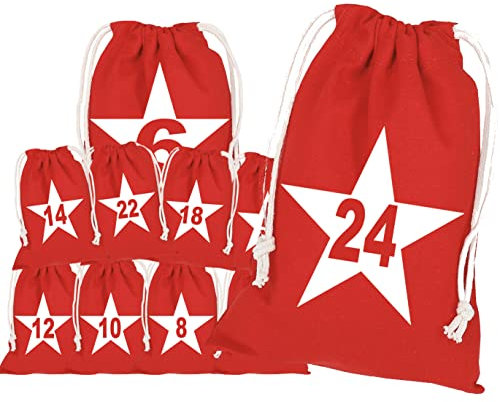 Adventskalender zum Befüllen, Rot mit Stern, 24 Stoffbeutel, Bedruckt, Weihnachten Geschenksäckchen, DIY Adventskalender Säckchen, Selber Befüllen, Weihnachtskalender