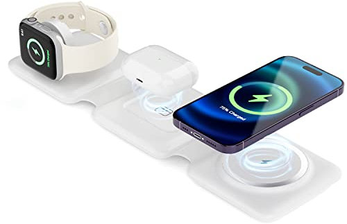 SUTOUG 3 in 1 Kabelloses Ladegerät Magnet Ladestation mit 18W Schnell Adapter für iPhone 14/13/12 Serie, Samsung Note/Mate/Pixel /S20/S21 Serie, AirPods Pro/3/2, Apple Watch 2/3/4/5/SE/6/7/8-Weib