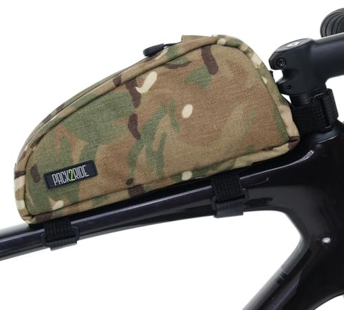 PACK2RIDE Fahrrad Tasche, Wasserabweisend Fahrradrahmentasche, Fahrradzubehör für Gravel, Satteltasche, Fahrrad Lenkertasche, Multifunktional (Multicam Camo)
