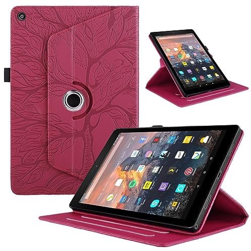 LMFULM® Case for Amazon Fire HD 8 2016/2017/ 2018 (8.0 Inch) PU Leather Case Protective Shell Wallet with 360° Rotating Stand Case Flip Cover Holster Happy Tree Red