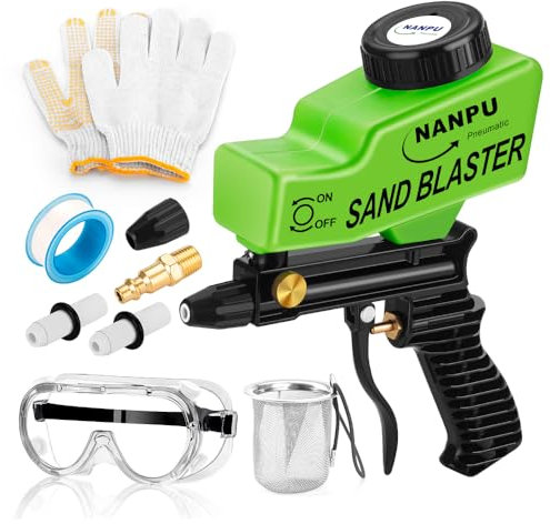 NANPU Pistola sabbiatrice ad aria con alimentazione a gravità, ugello in ceramica, corpo in metallo, per vernice, rimozione ruggine e incisione su vetro, versatile per applicazioni in alluminio,