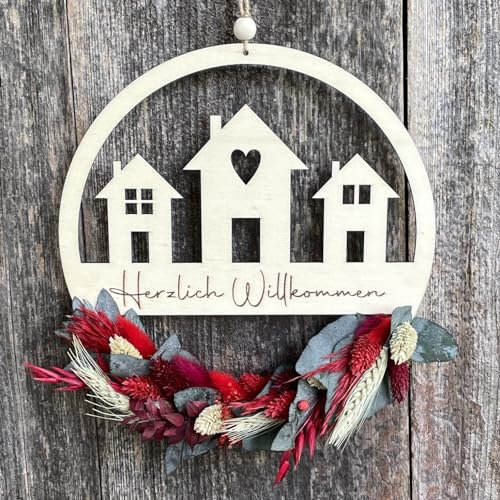 Willkommensschild - Trockenblumenkranz - Türkranz Trockenblumen - Herzlich Willkommen bei - Türkranz personalisierbar - Türhänger Familie (30cm, Rot/Grün - Bordeaux)